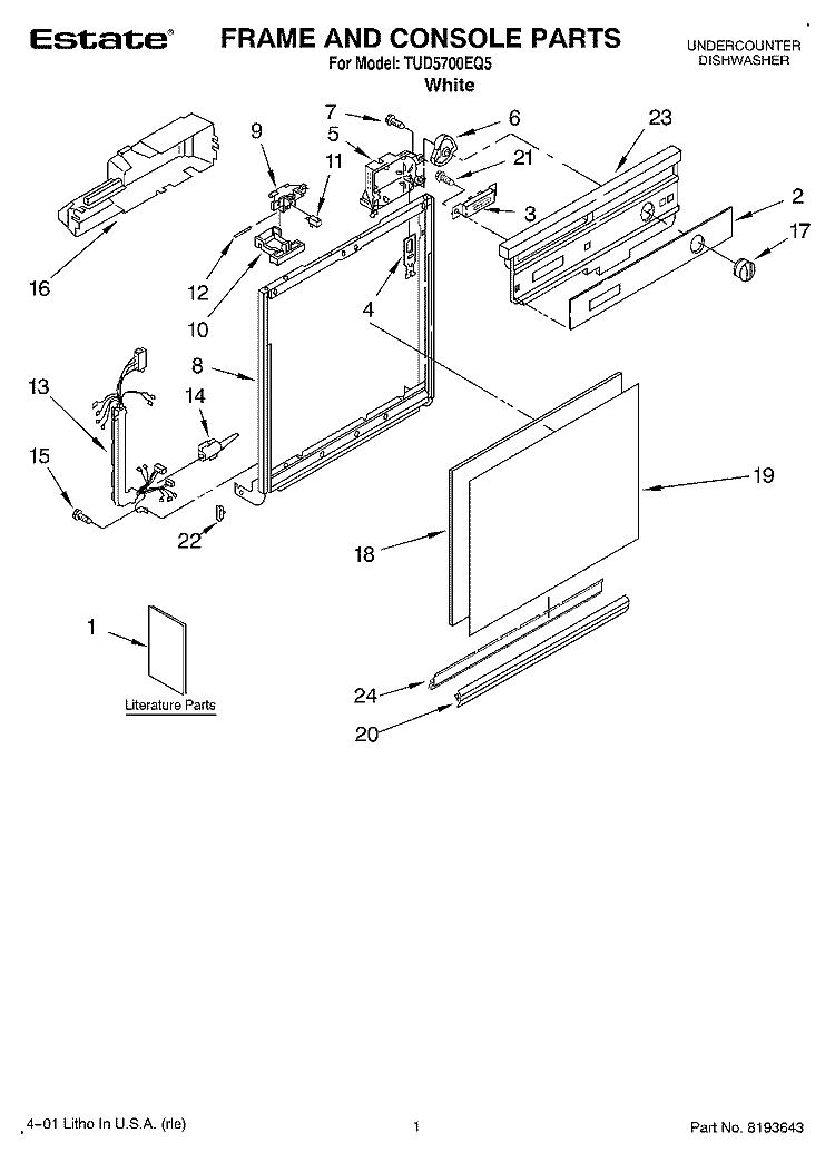 FRAME AND CONSOLE, LITERATURE Diagram and Parts List for TUD5700EQ5  Estate Dishwasher
