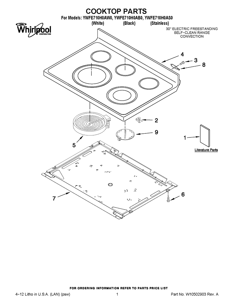 COOKTOP PARTS Diagram and Parts List for YWFE710H0AW0  Whirlpool Range