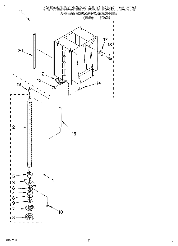 POWERSCREW AND RAM Diagram and Parts List for GC900QPHB0  Whirlpool Trash Compactor