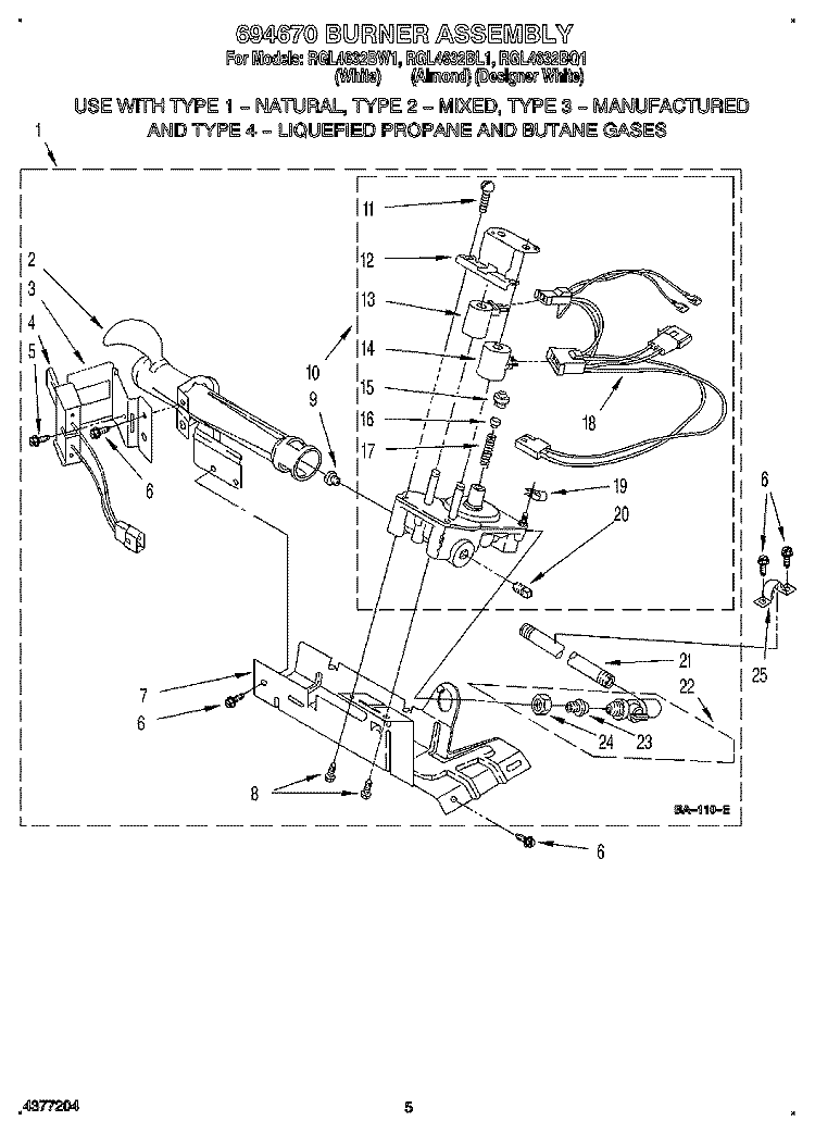 694670 BURNER ASSEMBLY Diagram and Parts List for RGL4632BQ1  Roper Dryer