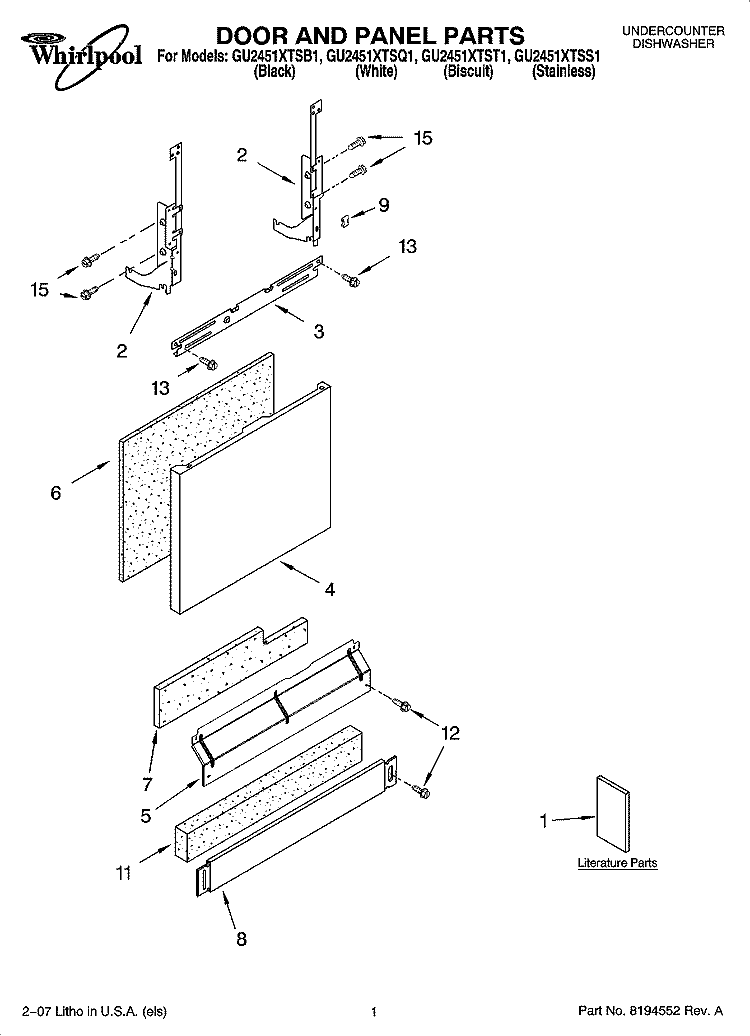 DOOR AND PANEL PARTS Diagram and Parts List for GU2451XTST1  Whirlpool Dishwasher