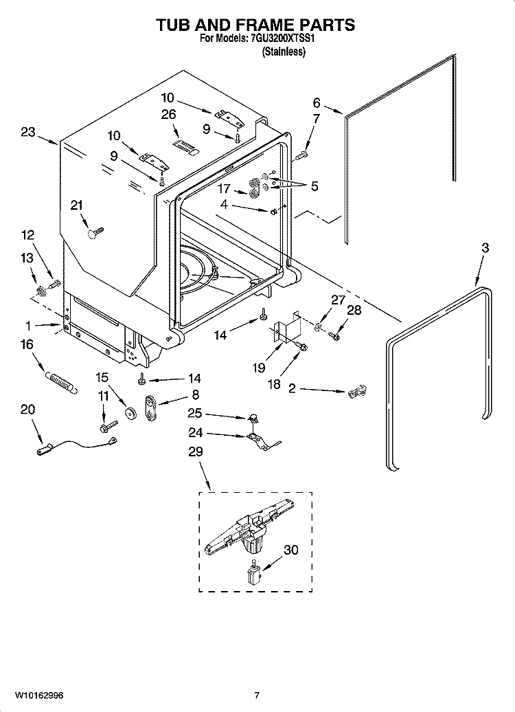 TUB AND FRAME PARTS Diagram and Parts List for 7GU3200XTSS1  Whirlpool Dishwasher