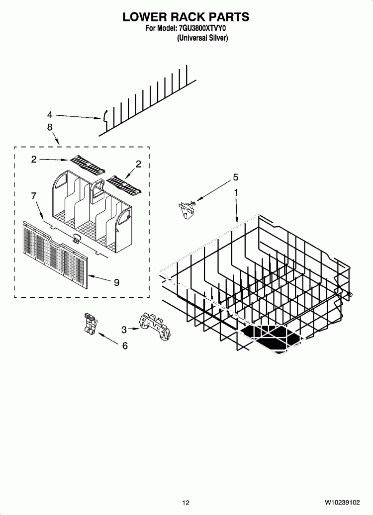 LOWER RACK PARTS Diagram and Parts List for 7GU3800XTVY0  Whirlpool Dishwasher