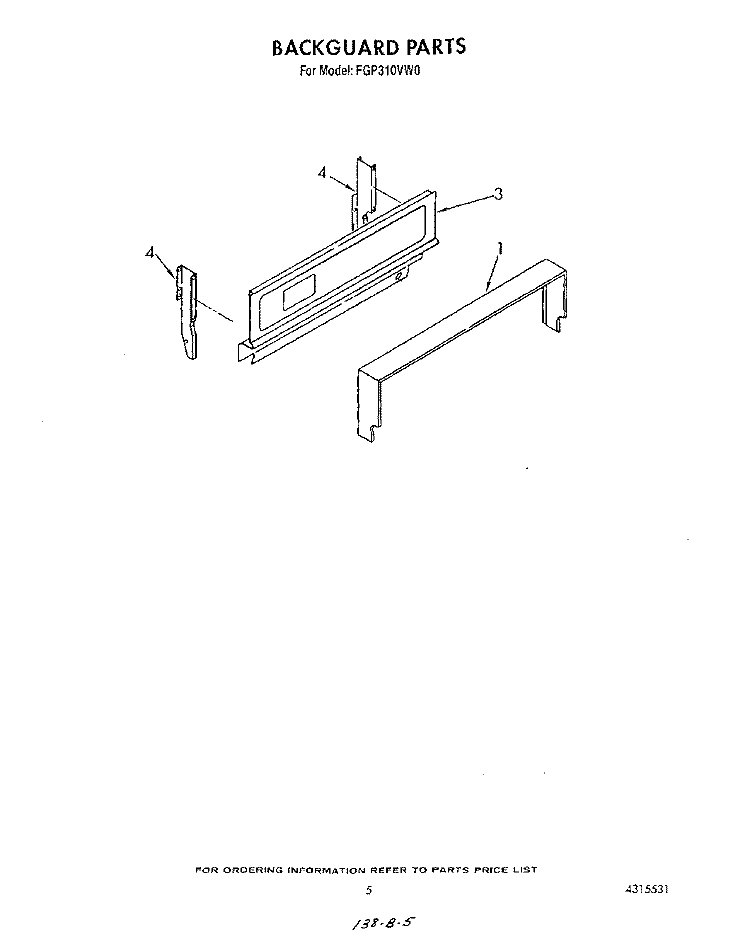 BACKGUARD Diagram and Parts List for FGP310VL0  Whirlpool Range