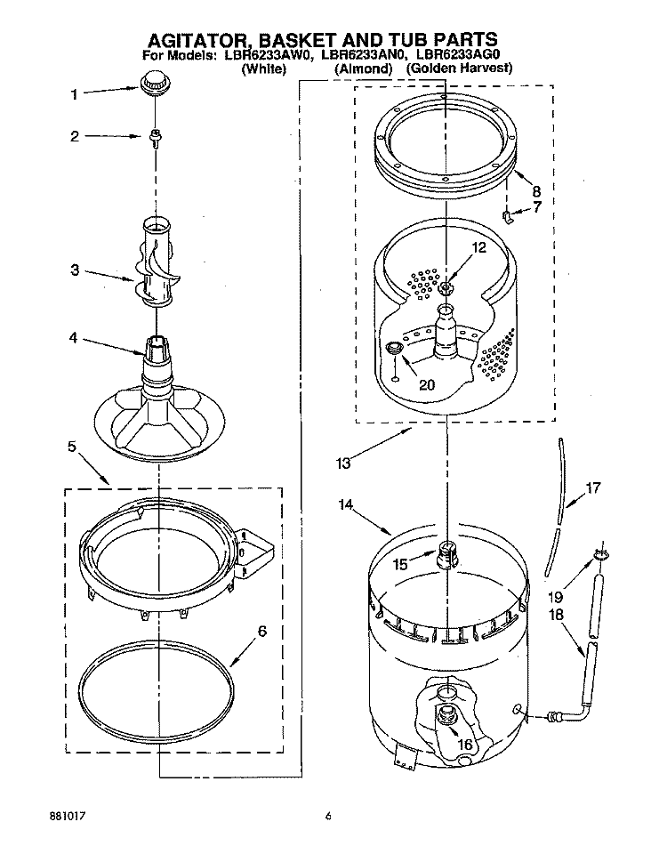 AGITATOR, BASKET AND TUB Diagram and Parts List for LBR6233AW0  Whirlpool Washer