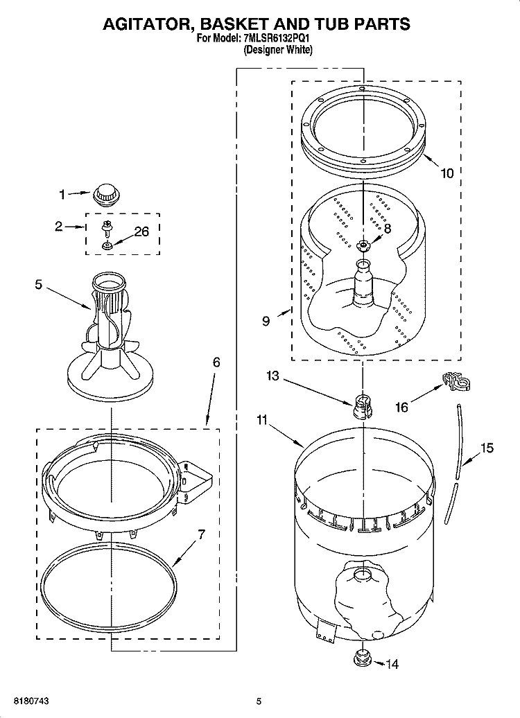 AGITATOR, BASKET AND TUB PARTS Diagram and Parts List for 7MLSR6132PQ1  Whirlpool Washer