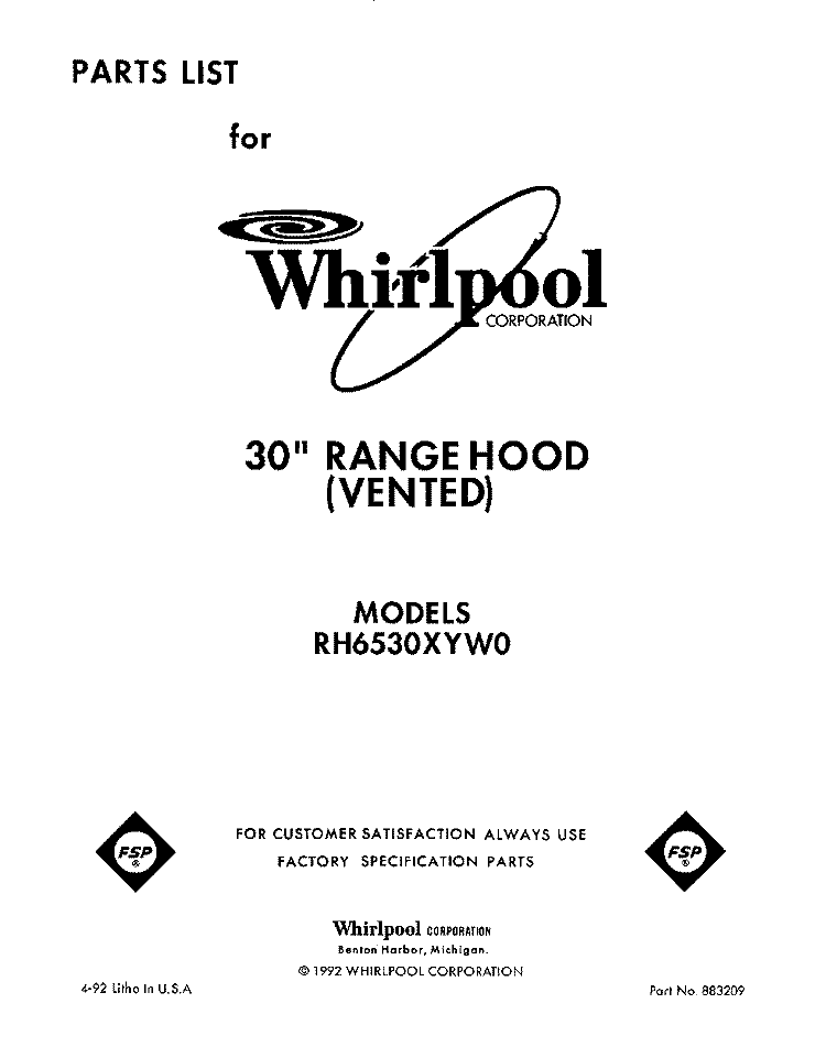 SECTION Diagram and Parts List for RH6530XYW0  Whirlpool Range Hood
