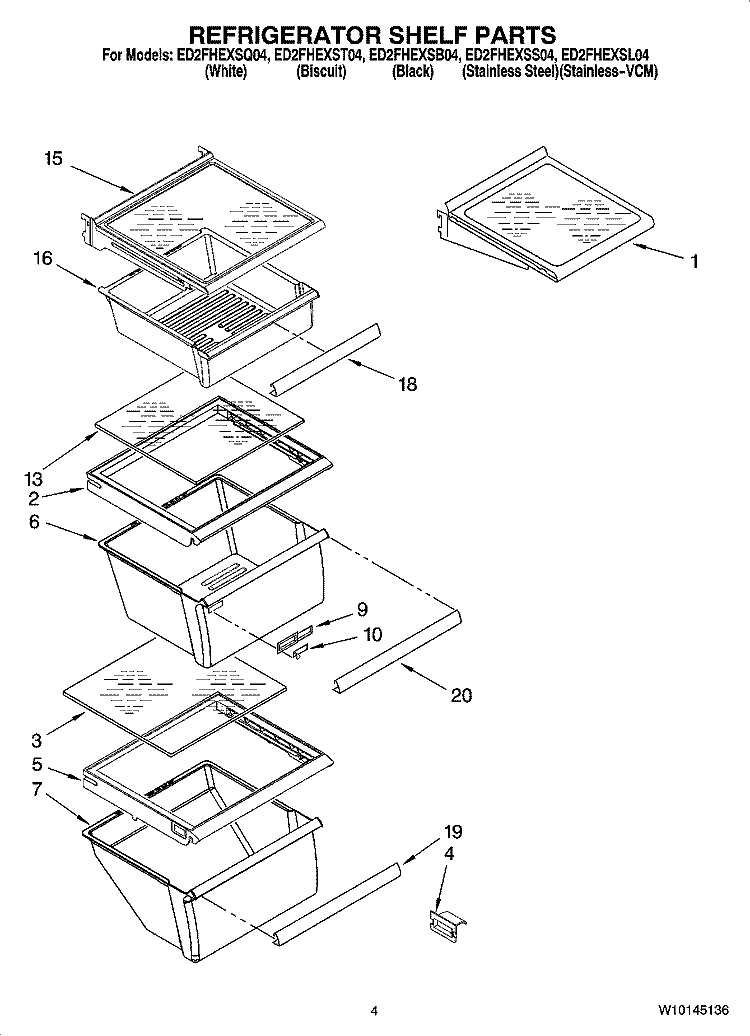 REFRIGERATOR SHELF PARTS Diagram and Parts List for ED2FHEXSB04  Whirlpool Refrigerator