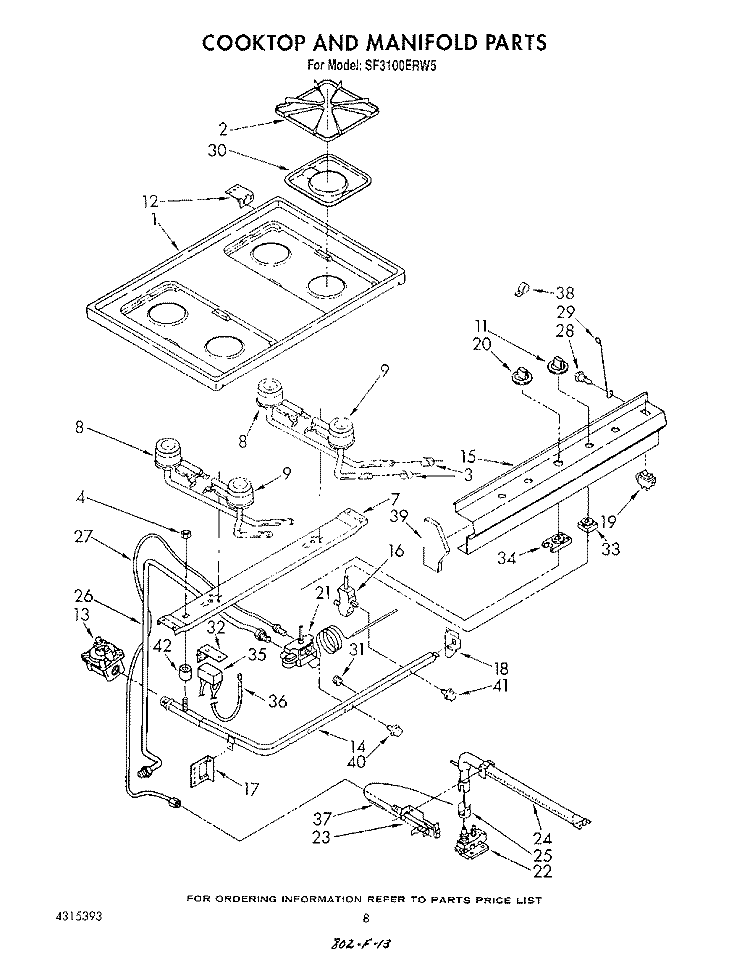 COOKTOP AND MANIFOLD , LITERATURE AND OPTIONAL Diagram and Parts List for SF3100ERW5  Whirlpool Range