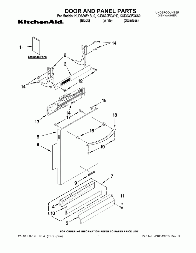 DOOR AND PANEL PARTS Diagram and Parts List for KUDS30FXBL0  KitchenAid Dishwasher