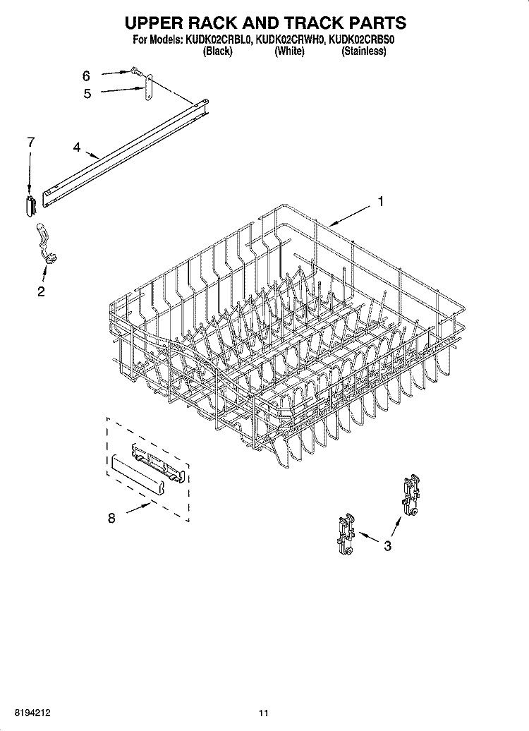 UPPER RACK AND TRACK PARTS Diagram and Parts List for KUDK02CRBS0  KitchenAid Dishwasher