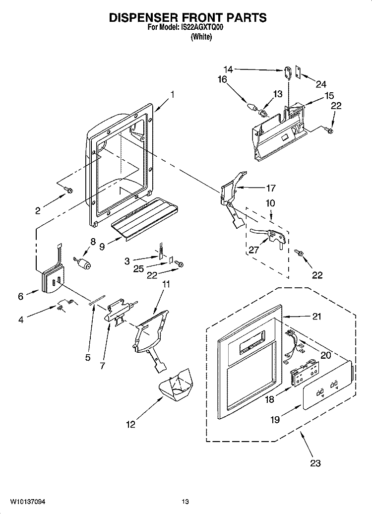DISPENSER FRONT PARTS Diagram and Parts List for IS22AGXTQ00  Inglis Refrigerator