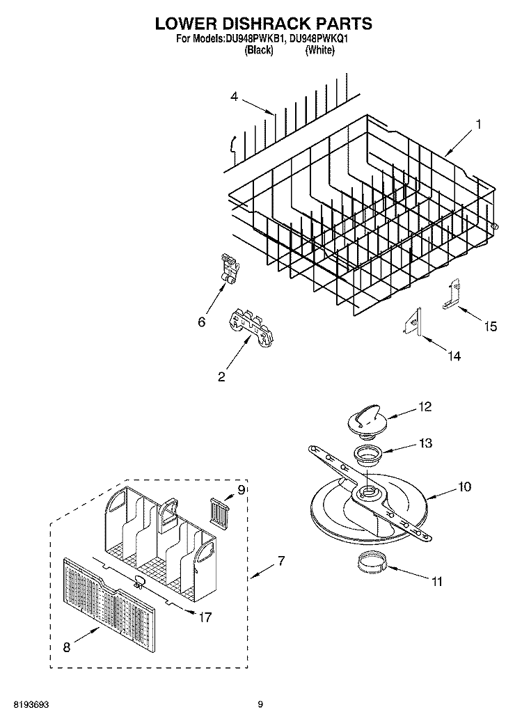 LOWER DISHRACK Diagram and Parts List for DU948PWKQ1  Whirlpool Dishwasher