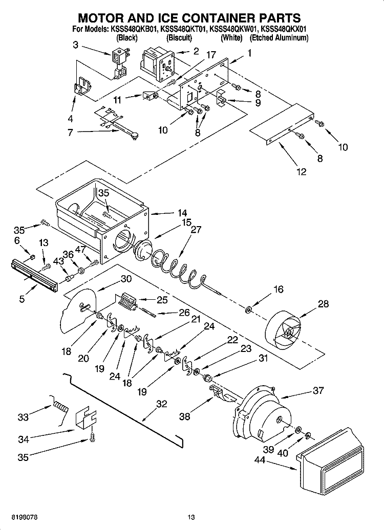 MOTOR AND ICE CONTAINER PARTS Diagram and Parts List for KSSS48QKB01  KitchenAid Refrigerator