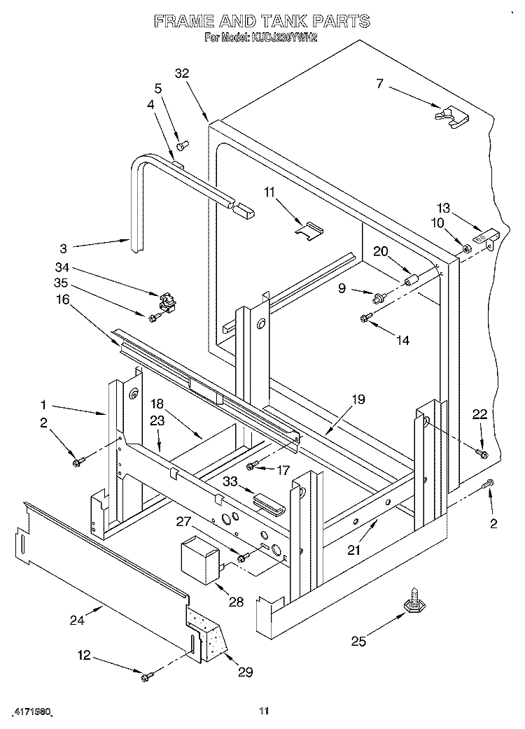 FRAME AND TANK Diagram and Parts List for KUDJ230YWH2  KitchenAid Dishwasher
