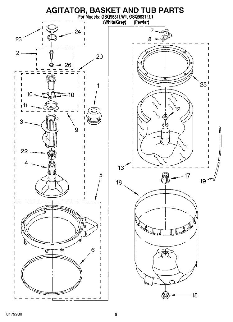AGITATOR, BASKET AND TUB PARTS Diagram and Parts List for GSQ9631LW1  Whirlpool Washer