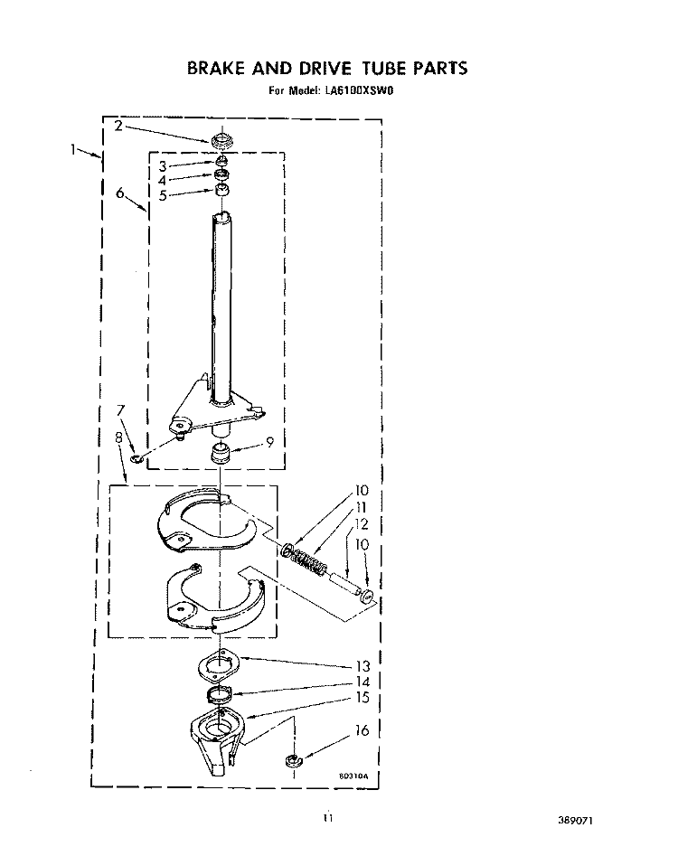BRAKE AND DRIVE TUBE Diagram and Parts List for LA6100XSW0  Whirlpool Washer
