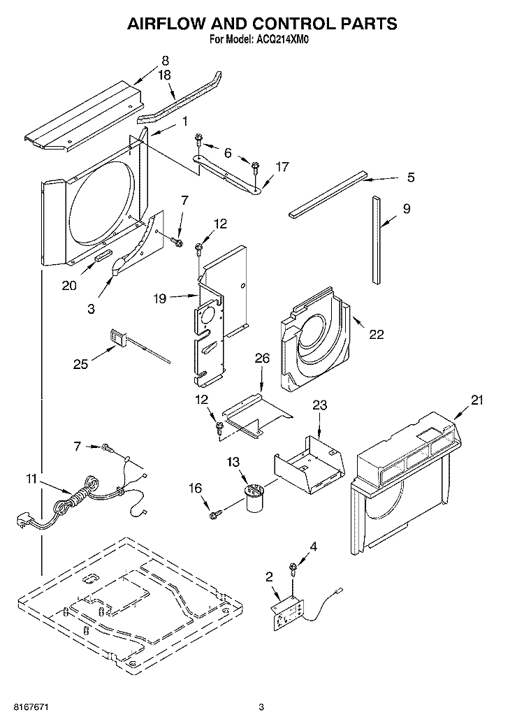 AIRFLOW AND CONTROL PARTS Diagram and Parts List for ACQ214XM0  Whirlpool Air Conditioner