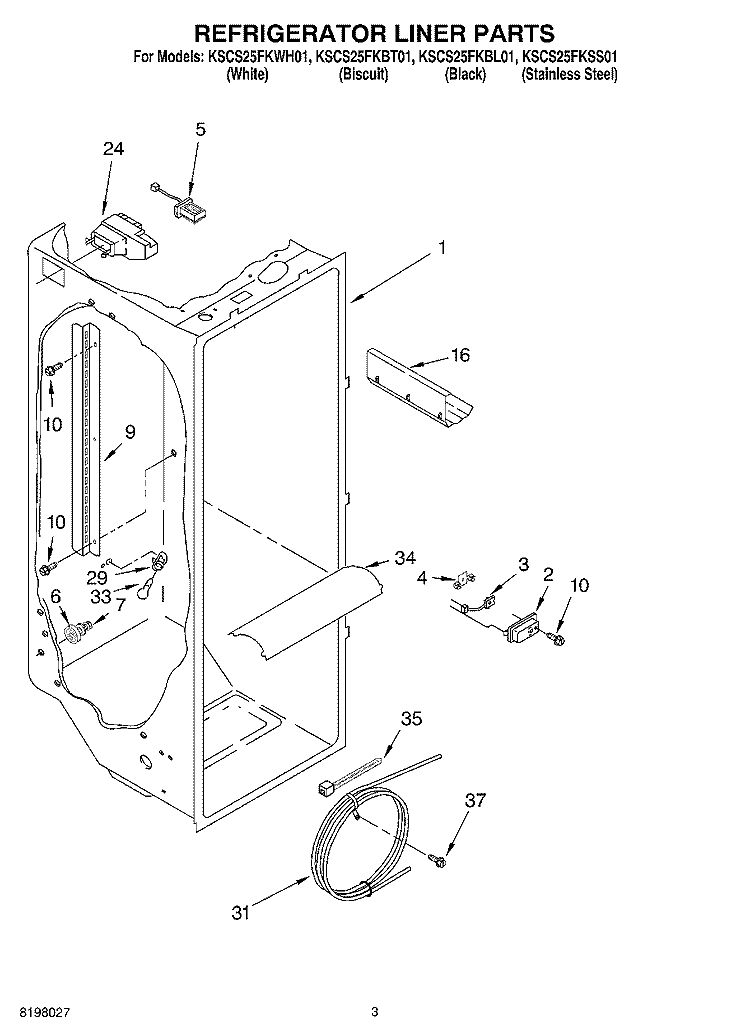 REFRIGERATOR LINER PARTS Diagram and Parts List for KSCS25FKSS01  KitchenAid Refrigerator