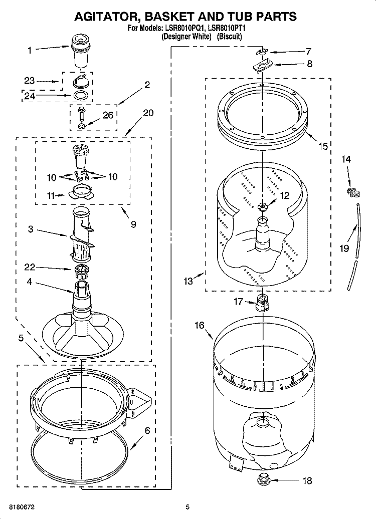 AGITATOR, BASKET AND TUB PARTS Diagram and Parts List for LSR8010PQ1  Whirlpool Washer