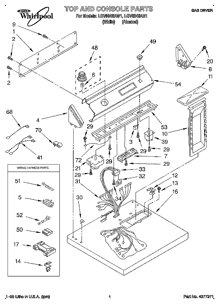 TOP AND CONSOLE, LIT/OPTIONAL Diagram and Parts List for LGV6848AN1  Whirlpool Dryer