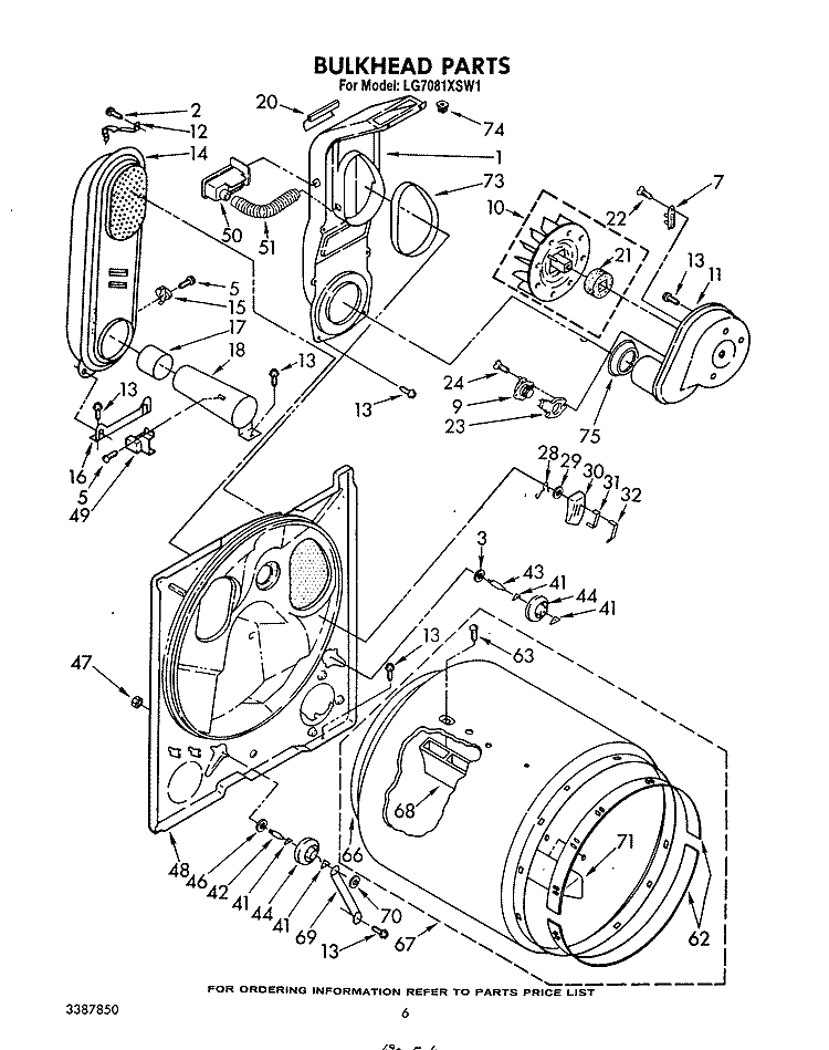 BULKHEAD Diagram and Parts List for LG7081XSM1  Whirlpool Dryer