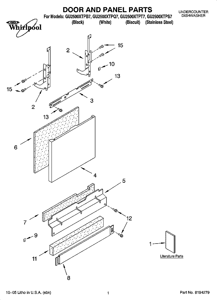 DOOR AND PANEL PARTS Diagram and Parts List for GU2500XTPT7  Whirlpool Dishwasher