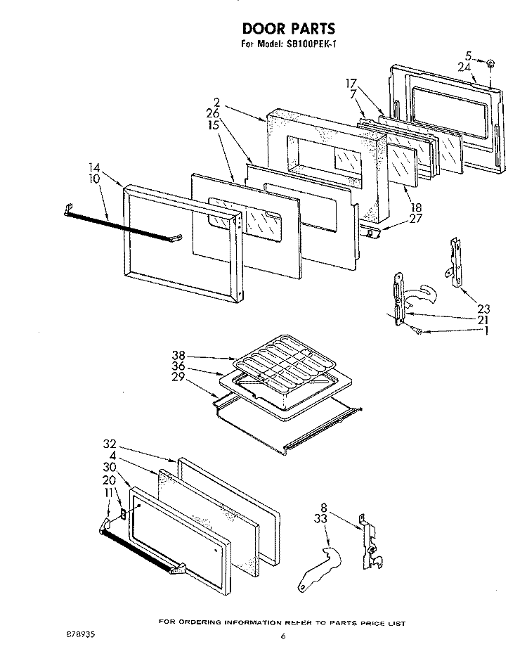 DOOR Diagram and Parts List for SB100PEK1  Whirlpool Wall Oven