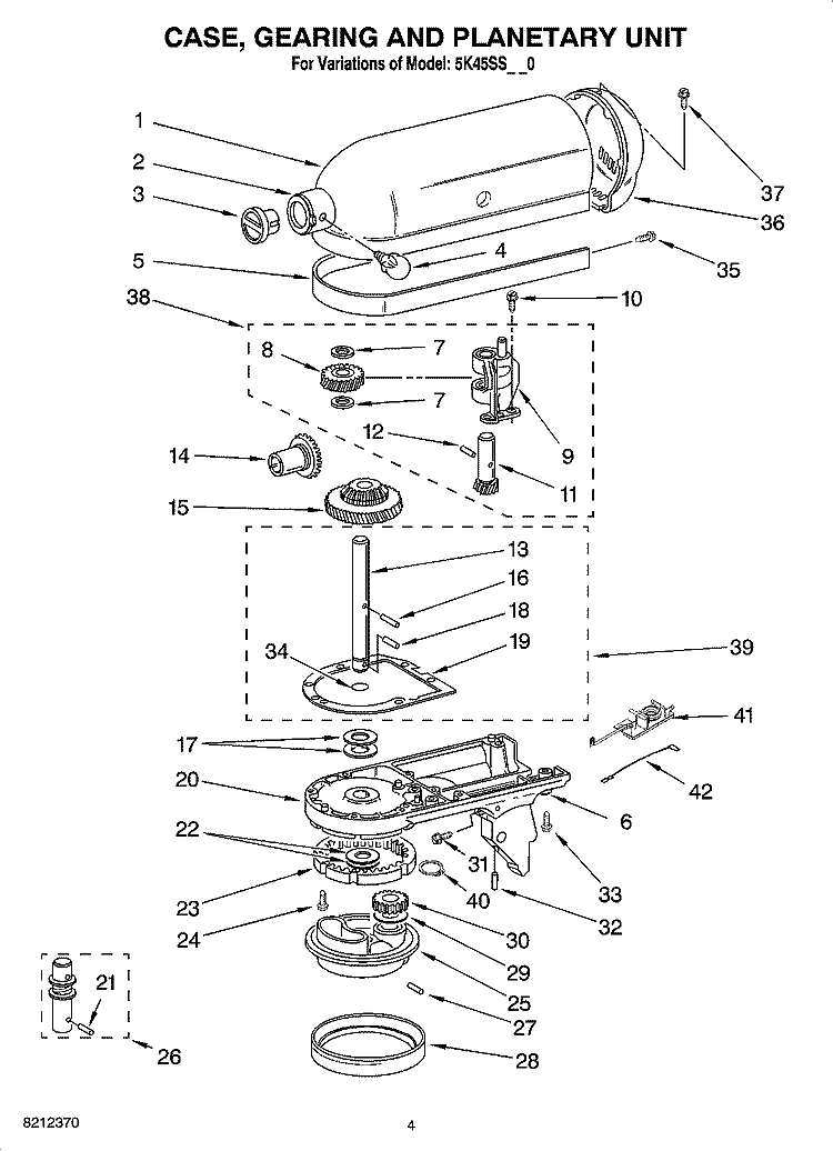CASE, GEARING AND PLANETARY UNIT Diagram and Parts List for 5K45SSEWH0  KitchenAid Mixer