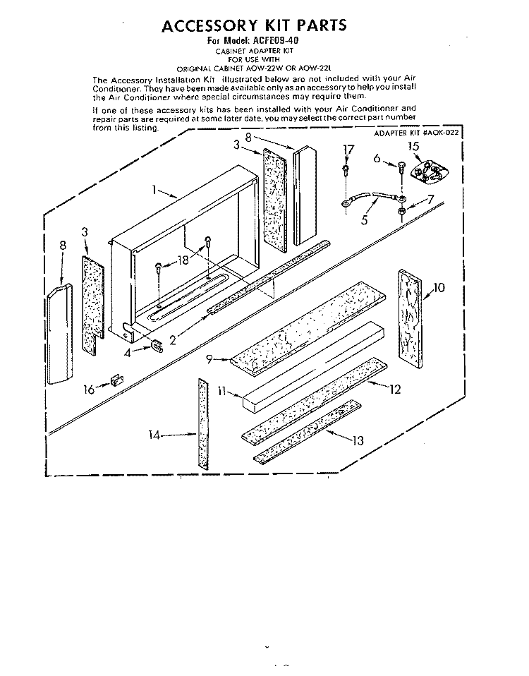 ACCESSORY KIT PARTS Diagram and Parts List for A0W23W10  Whirlpool Air Conditioner