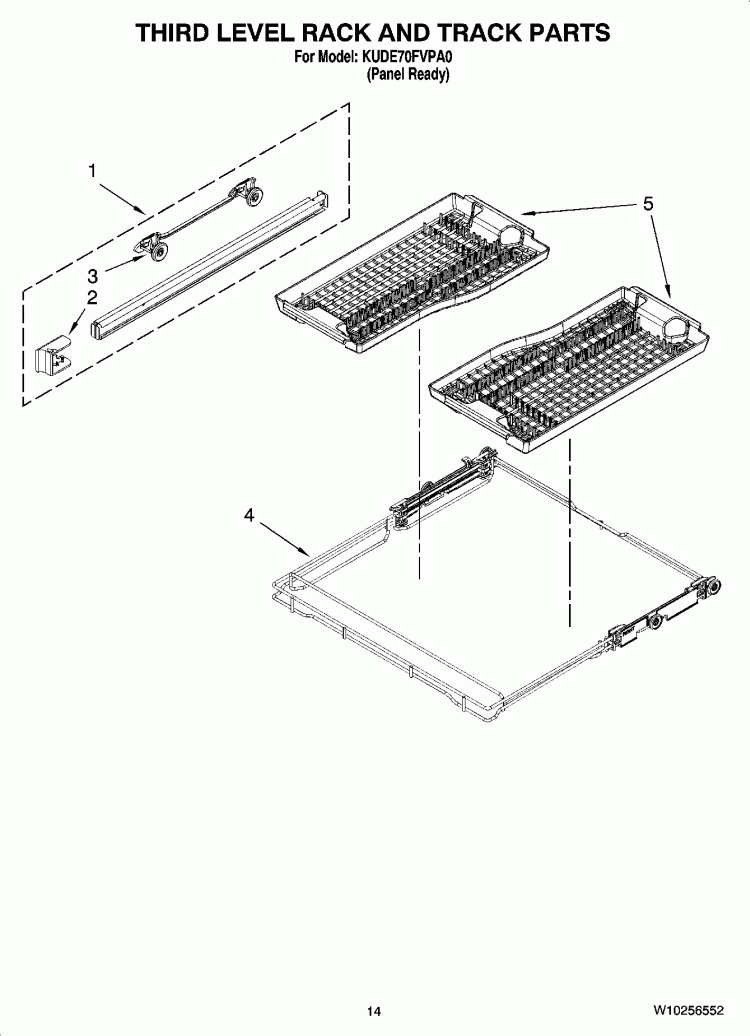THIRD LEVEL RACK AND TRACK PARTS Diagram and Parts List for KUDE70FVPA0  KitchenAid Dishwasher