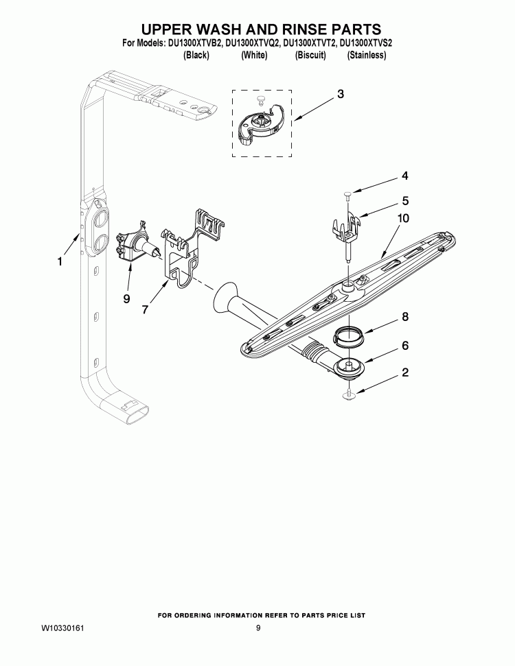 UPPER WASH AND RINSE PARTS Diagram and Parts List for DU1300XTVQ2  Whirlpool Dishwasher