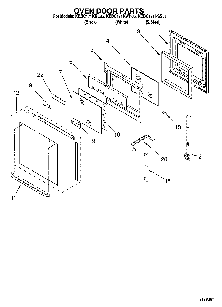 OVEN DOOR PARTS Diagram and Parts List for KEBC171KSS05  KitchenAid Wall Oven