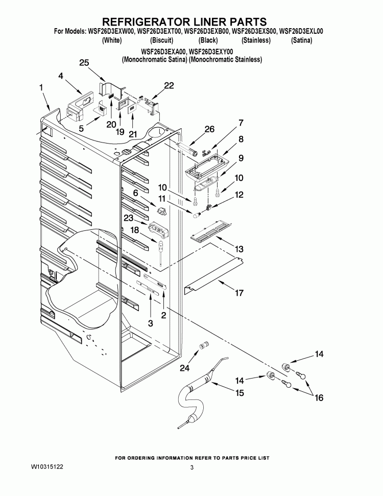 REFRIGERATOR LINER PARTS Diagram and Parts List for WSF26D3EXS00  Whirlpool Refrigerator