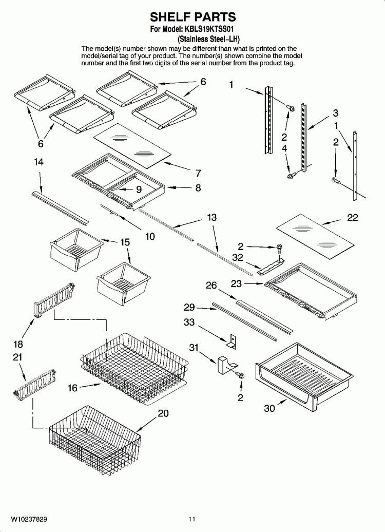 SHELF PARTS Diagram and Parts List for KBLS19KTSS01  KitchenAid Refrigerator