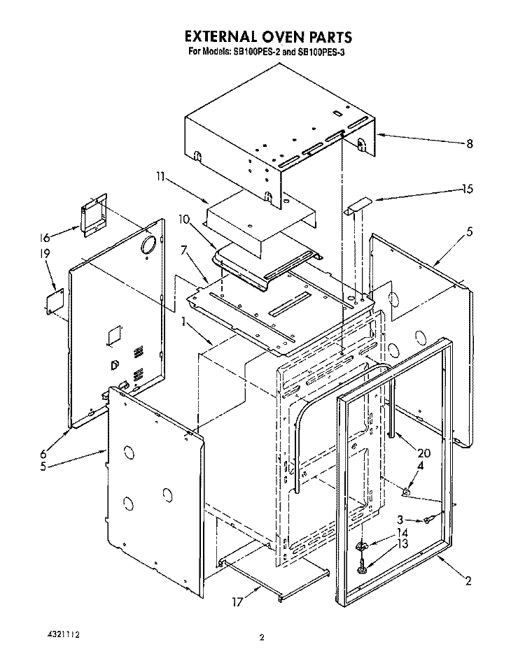 EXTERNAL OVEN Diagram and Parts List for SB100PES2  Whirlpool Range