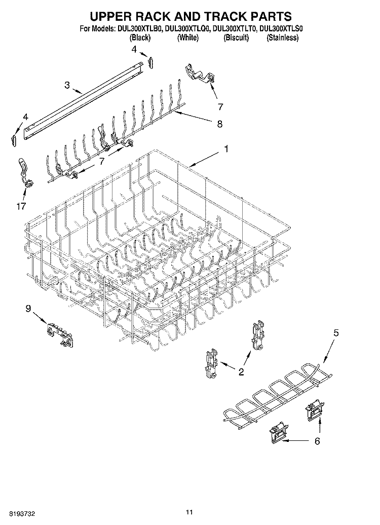UPPER RACK AND TRACK Diagram and Parts List for DUL300XLTQ0  Whirlpool Dishwasher