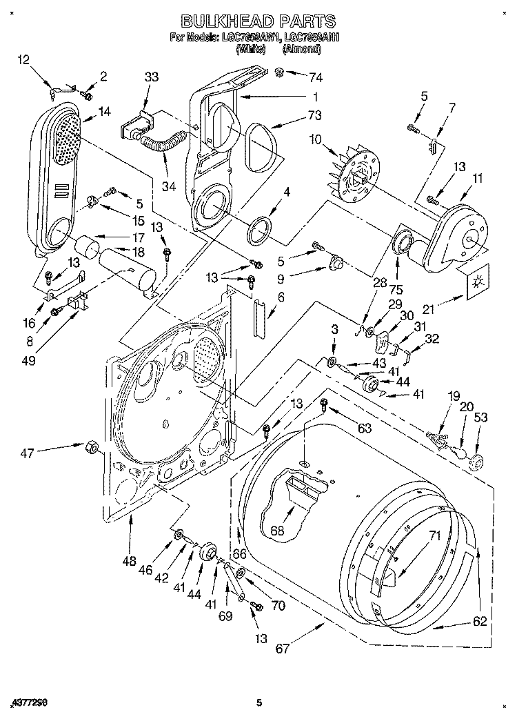BULKHEAD Diagram and Parts List for LGC7858AW1  Whirlpool Dryer