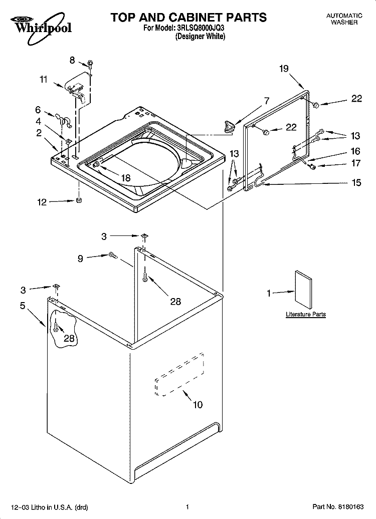 TOP AND CABINET PARTS Diagram and Parts List for 3RLSQ8000JQ3  Whirlpool Washer