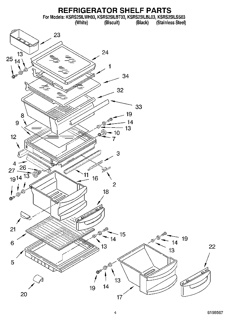 REFRIGERATOR SHELF PARTS Diagram and Parts List for KSRS25ILBL03  KitchenAid Refrigerator
