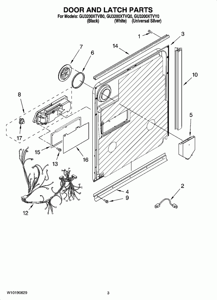 DOOR AND LATCH PARTS Diagram and Parts List for GU3200XTVB0  Whirlpool Dishwasher