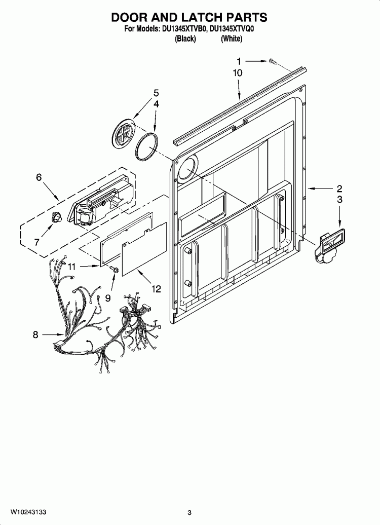 DOOR AND LATCH PARTS Diagram and Parts List for DU1345XTVB0  Whirlpool Dishwasher