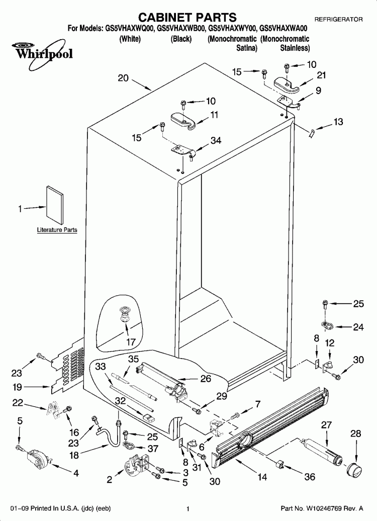 CABINET PARTS Diagram and Parts List for GS5VHAXWQ00  Whirlpool Refrigerator