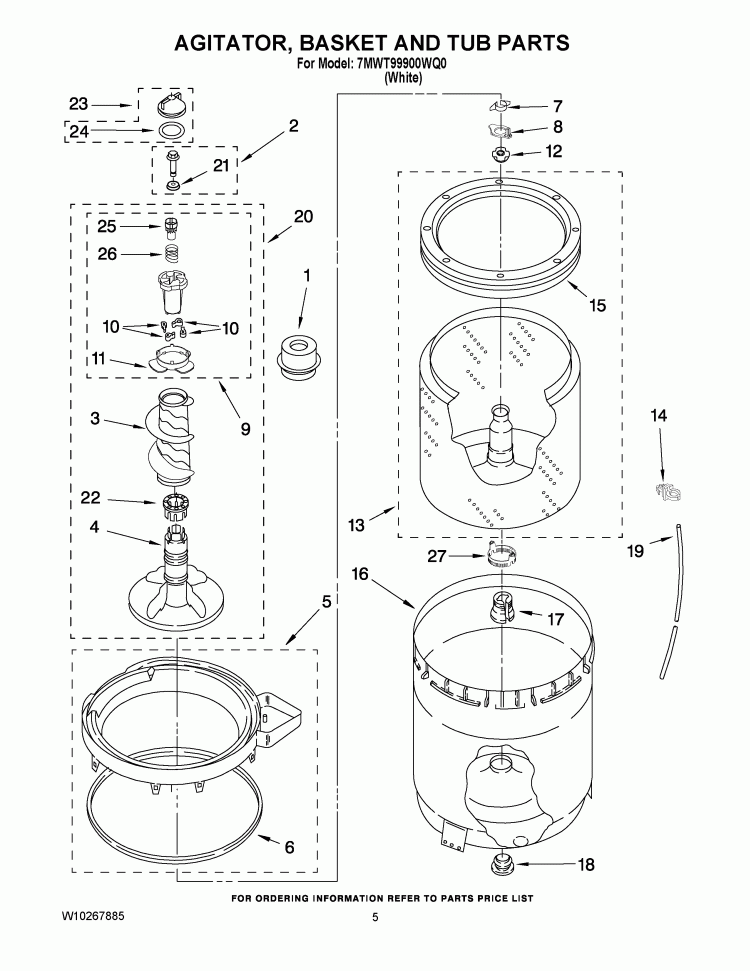 AGITATOR, BASKET AND TUB PARTS Diagram and Parts List for 7MWT99900WQ0  Whirlpool Washer