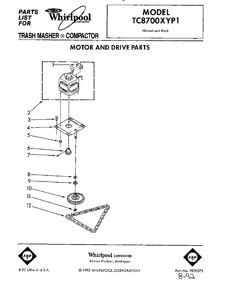 MOTOR AND DRIVE, LIT/OPTIONAL Diagram and Parts List for TC8700XYP1  Whirlpool Trash Compactor