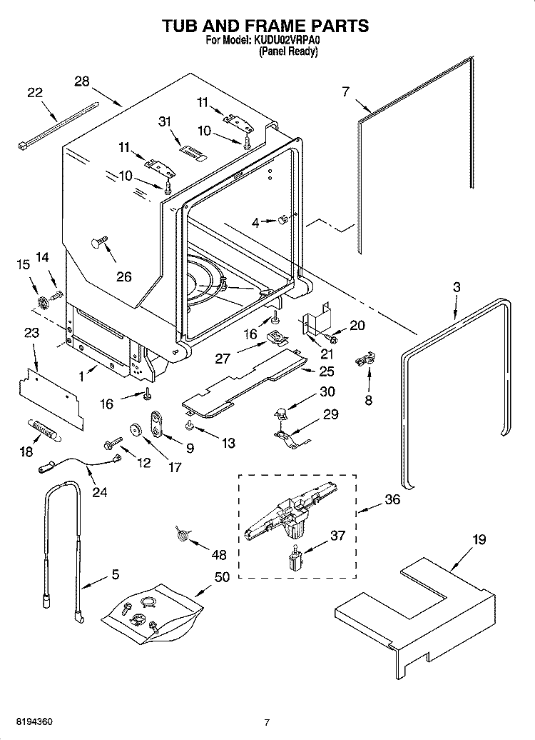 TUB AND FRAME PARTS Diagram and Parts List for KUDU02VRPA0  KitchenAid Dishwasher