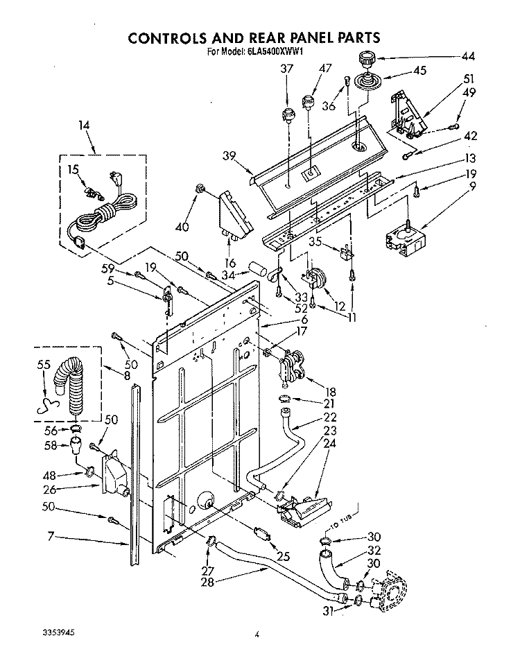 CONTROLS AND REAR PANEL Diagram and Parts List for 6LA5400XWW1  Whirlpool Washer
