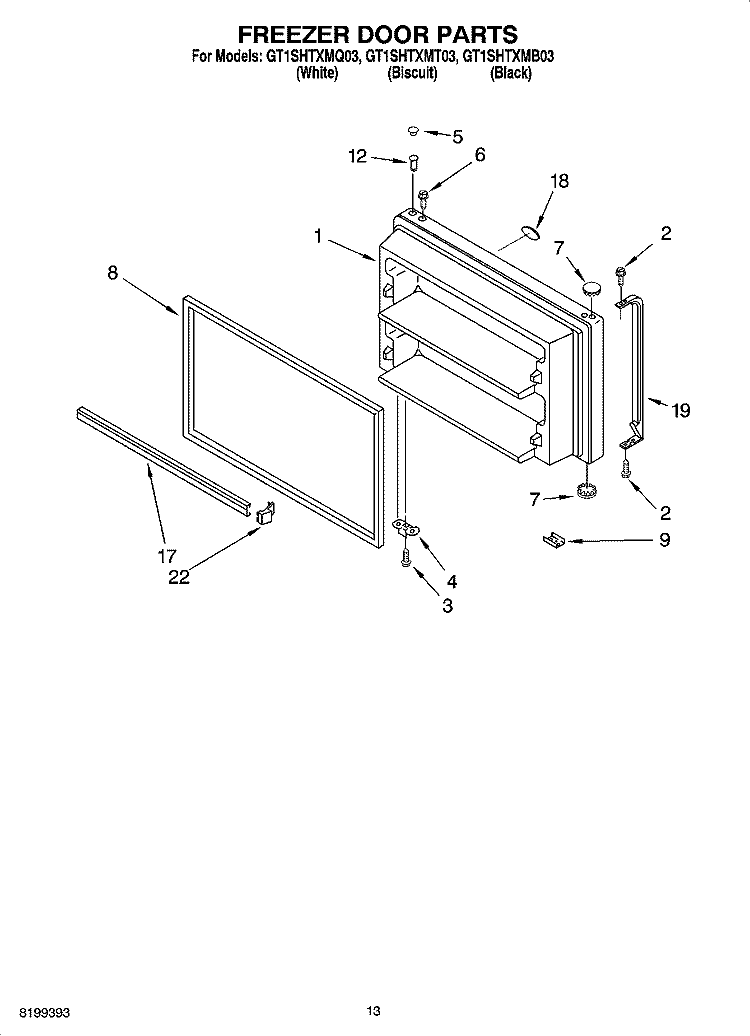 FREEZER DOOR PARTS Diagram and Parts List for GT1SHTXMT03  Whirlpool Refrigerator