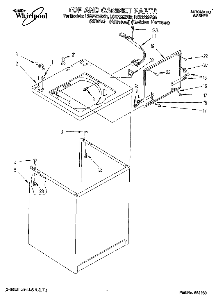 TOP AND CABINET, LIT/OPTIONAL Diagram and Parts List for LSR7233BN2  Whirlpool Washer