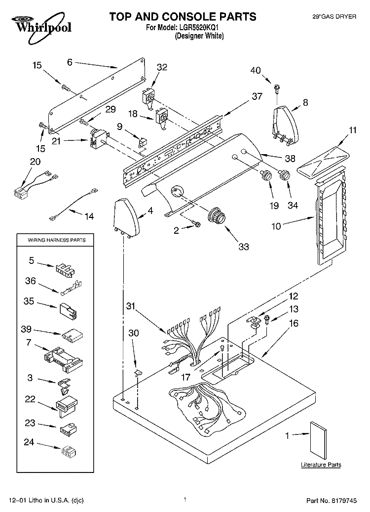 TOP AND CONSOLE, LITERATURE Diagram and Parts List for LGR5620KQ1  Whirlpool Dryer